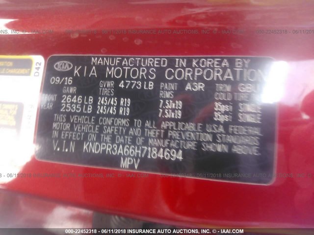 KNDPR3A66H7184694 - 2017 KIA SPORTAGE SX RED photo 9