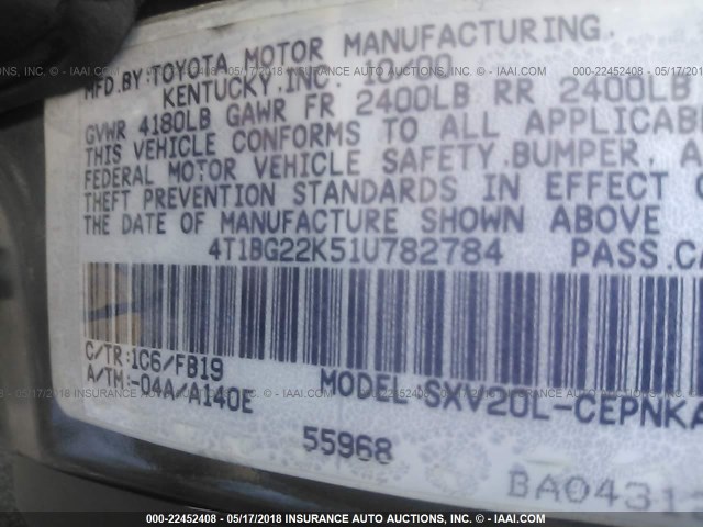 4T1BG22K51U782784 - 2001 TOYOTA CAMRY CE/LE/XLE GRAY photo 9