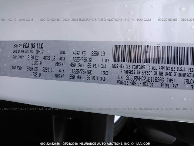 3C6URVHG2JE116306 - 2018 RAM PROMASTER 3500 3500 HIGH WHITE photo 9