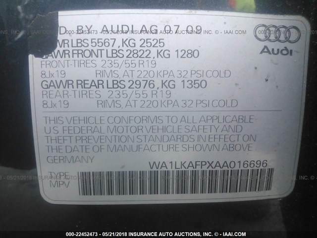 WA1LKAFPXAA016696 - 2010 AUDI Q5 PREMIUM PLUS GRAY photo 9