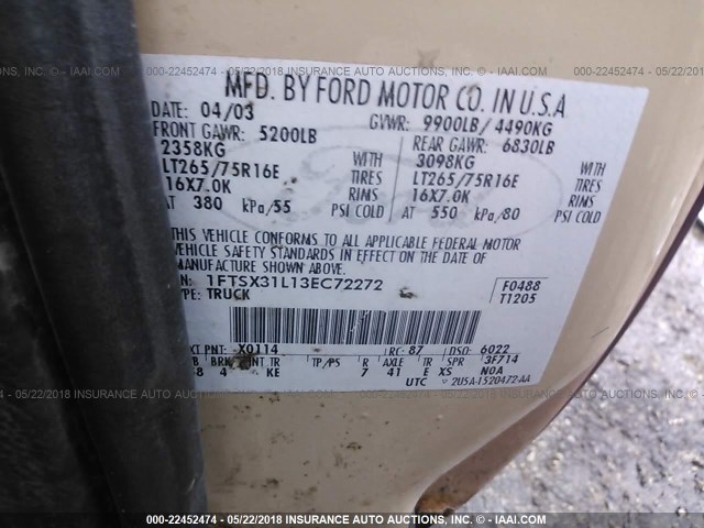 1FTSX31L13EC72272 - 2003 FORD F350 SRW SUPER DUTY MAROON photo 9