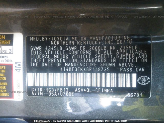 4T4BF3EKXBR118735 - 2011 TOYOTA CAMRY SE/LE/XLE ნაცრისფერი ფოტო 9