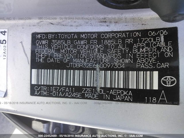 JTDBR32E660097304 - 2006 TOYOTA COROLLA CE/LE SILVER photo 9