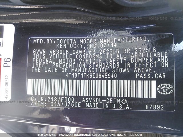 4T1BF1FK6EU845940 - 2014 TOYOTA CAMRY L/SE/LE/XLE 黑色 照片 9