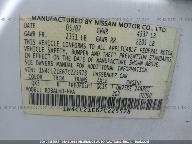 1N4CL21E67C225578 - 2007 NISSAN ALTIMA HYBRID WHITE photo 9