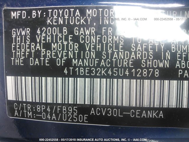 4T1BE32K45U412878 - 2005 TOYOTA CAMRY LE/XLE/SE ლურჯი ფოტო 9
