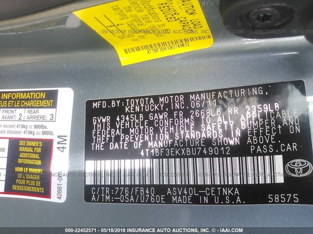 4T1BF3EKXBU749012 - 2011 TOYOTA CAMRY SE/LE/XLE TEAL photo 9