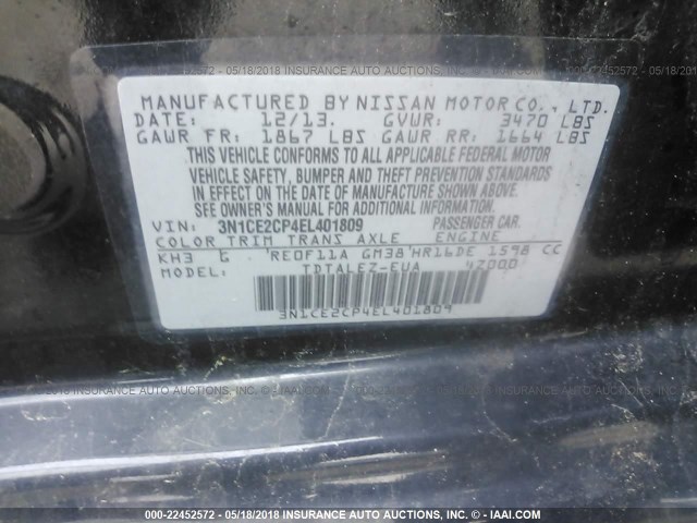 3N1CE2CP4EL401809 - 2014 NISSAN VERSA NOTE S/S PLUS/SV/SL BLACK photo 9