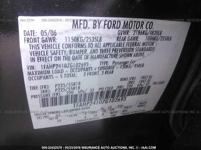 1FAHP24107G102693 - 2007 FORD FIVE HUNDRED SEL GRAY photo 9