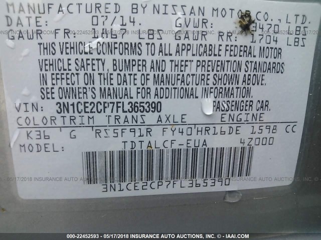 3N1CE2CP7FL365390 - 2015 NISSAN VERSA NOTE S/S PLUS/SV/SL/SR SILVER photo 9