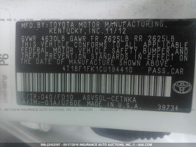 4T1BF1FK1CU194410 - 2012 TOYOTA CAMRY SE/LE/XLE თეთრი ფოტო 9