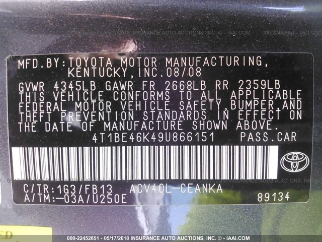 4T1BE46K49U866151 - 2009 TOYOTA CAMRY SE/LE/XLE 灰色 照片 9