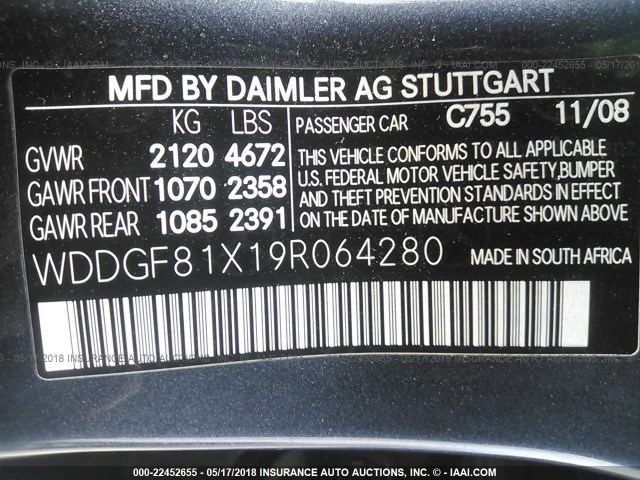 WDDGF81X19R064280 - 2009 MERCEDES-BENZ C 300 4MATIC GRAY photo 9