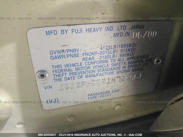 JF1SF65521H728961 - 2001 SUBARU FORESTER S თაფლისფერი ფოტო 9