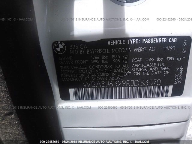 WBABJ6329RJD33570 - 1994 BMW 325 IC AUTOMATIC WHITE photo 9