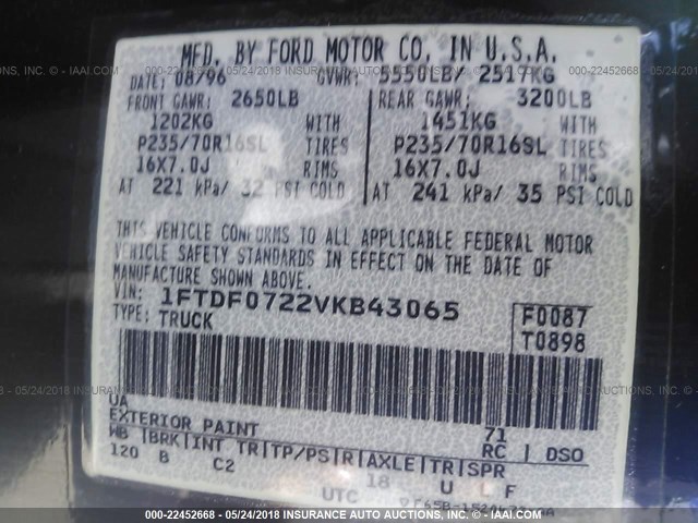 1FTDF0722VKB43065 - 1997 FORD F150 BLUE photo 9