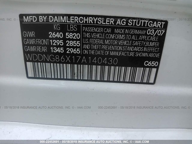 WDDNG86X17A140430 - 2007 MERCEDES-BENZ S 550 4MATIC WHITE photo 9