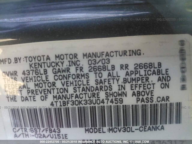 4T1BF30K33U047459 - 2003 TOYOTA CAMRY LE/XLE/SE ტურკოუსი ფოტო 9