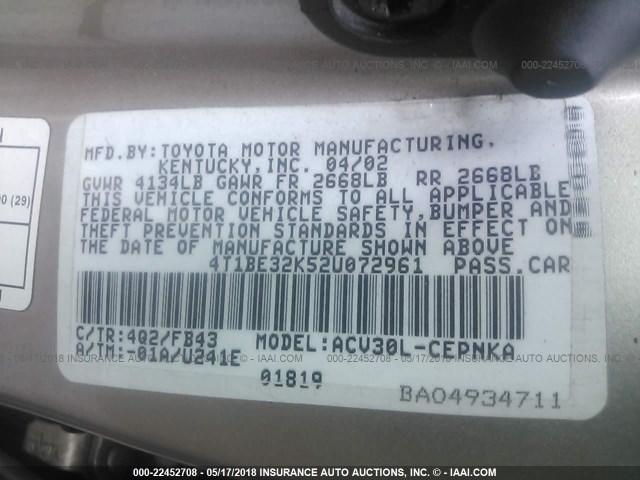 4T1BE32K52U072961 - 2002 TOYOTA CAMRY LE/XLE/SE 金色 照片 9