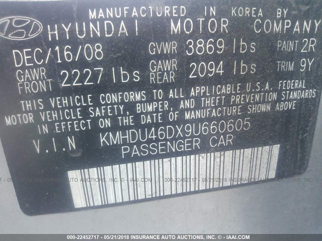 KMHDU46DX9U660605 - 2009 HYUNDAI ELANTRA GLS/SE SILVER photo 9