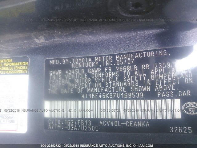 4T1BE46K97U169538 - 2007 TOYOTA CAMRY NEW GENERAT CE/LE/XLE/SE GRAY photo 9