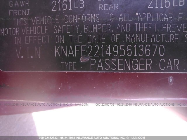 KNAFE221495613670 - 2009 KIA SPECTRA EX/LX/SX RED photo 9