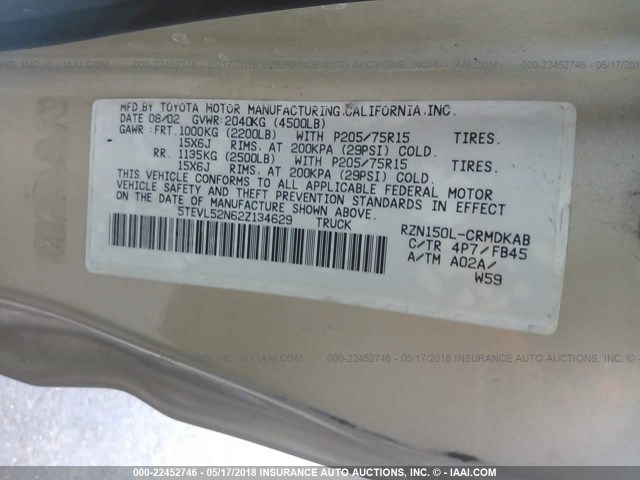 5TEVL52N62Z134629 - 2002 TOYOTA TACOMA XTRACAB GOLD photo 9