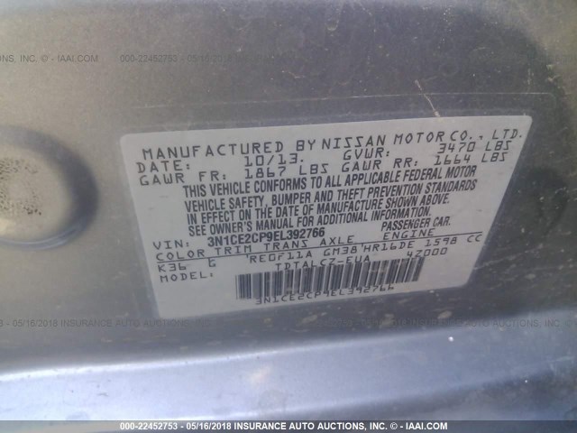 3N1CE2CP9EL392766 - 2014 NISSAN VERSA NOTE S/S PLUS/SV/SL SILVER photo 9