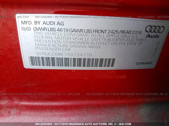 WAULC68E74A124710 - 2004 AUDI A4 1.8T QUATTRO RED photo 9