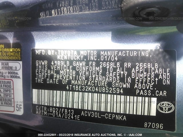 4T1BE32K04U852594 - 2004 TOYOTA CAMRY LE/XLE/SE 蓝色 照片 9