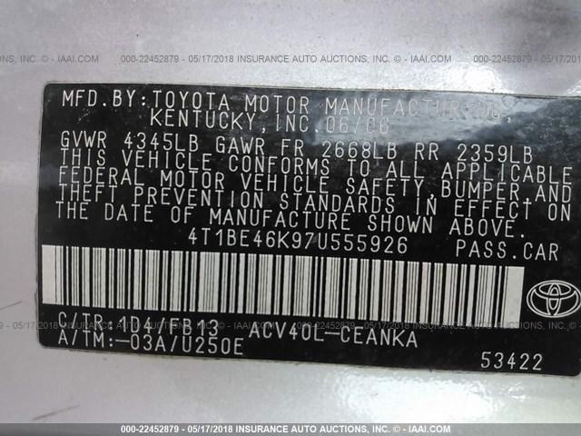 4T1BE46K97U555926 - 2007 TOYOTA CAMRY NEW GENERAT CE/LE/XLE/SE SILVER photo 9