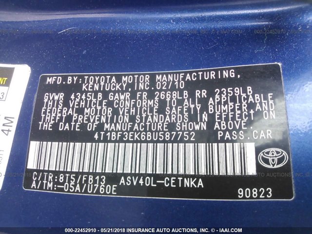 4T1BF3EK6BU587752 - 2011 TOYOTA CAMRY SE/LE/XLE BLUE photo 9