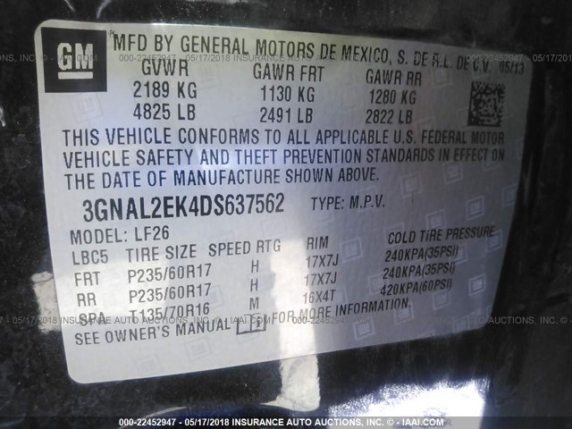 3GNAL2EK4DS637562 - 2013 CHEVROLET CAPTIVA LS 黑色 照片 9