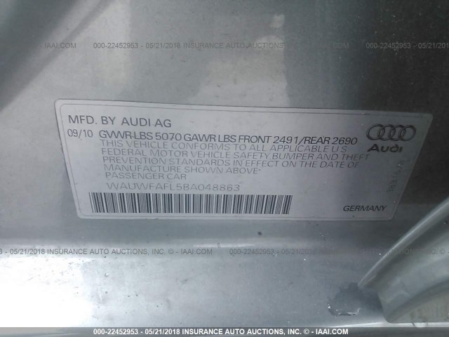 WAUWFAFL5BA048863 - 2011 AUDI A4 PREMIUM PLUS GRAY photo 9