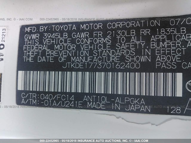 JTKDE177370162400 - 2007 TOYOTA SCION TC 白色 照片 9