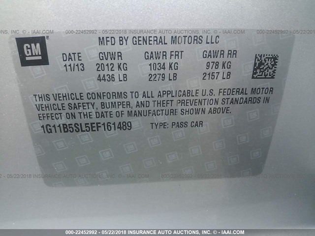 1G11B5SL5EF161489 - 2014 CHEVROLET MALIBU LS SILVER photo 9