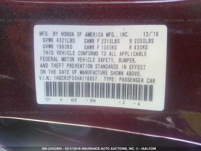 1HGCR2F55HA116657 - 2017 HONDA ACCORD SPORT 红色 照片 9