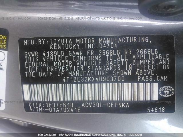 4T1BE32KX4U903700 - 2004 TOYOTA CAMRY LE/XLE/SE ნაცრისფერი ფოტო 9