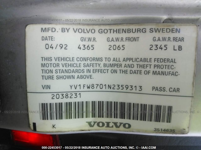 YV1FW8701N2359313 - 1992 VOLVO 740 GRAY photo 9