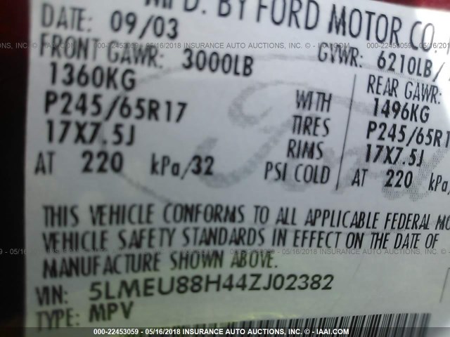 5LMEU88H44ZJ02382 - 2004 LINCOLN AVIATOR 红色 照片 9