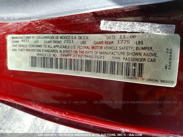 3VWPF31Y27M407521 - 2007 VOLKSWAGEN NEW BEETLE CONVERTIBLE RED photo 9
