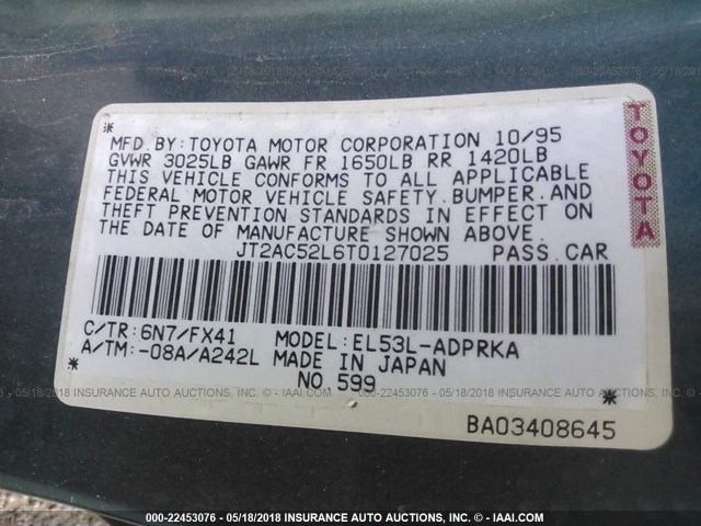 JT2AC52L6T0127025 - 1996 TOYOTA TERCEL STD/DX GREEN photo 9