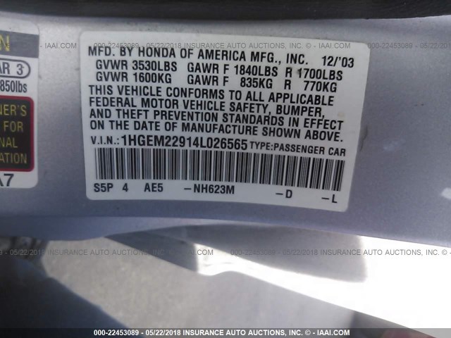 1HGEM22914L026565 - 2004 HONDA CIVIC EX SILVER photo 9