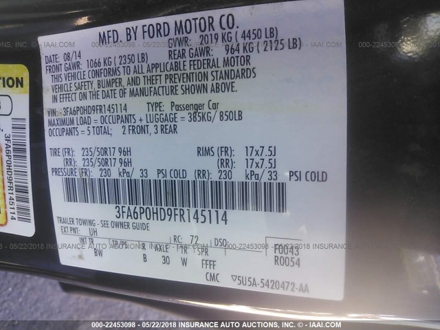 3FA6P0HD9FR145114 - 2015 FORD FUSION SE BLACK photo 9