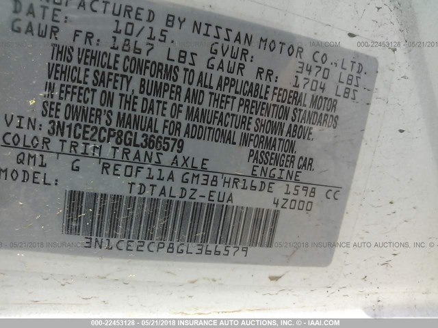 3N1CE2CP8GL366579 - 2016 NISSAN VERSA NOTE S/S PLUS/SV/SL/SR WHITE photo 9