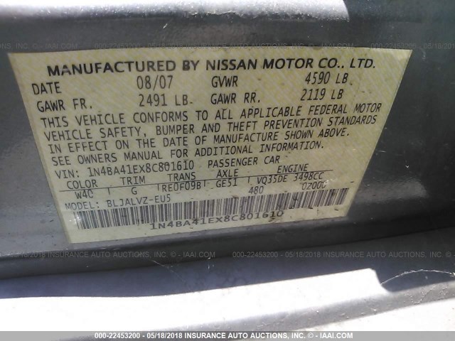 1N4BA41EX8C801610 - 2008 NISSAN MAXIMA SE/SL GRAY photo 9