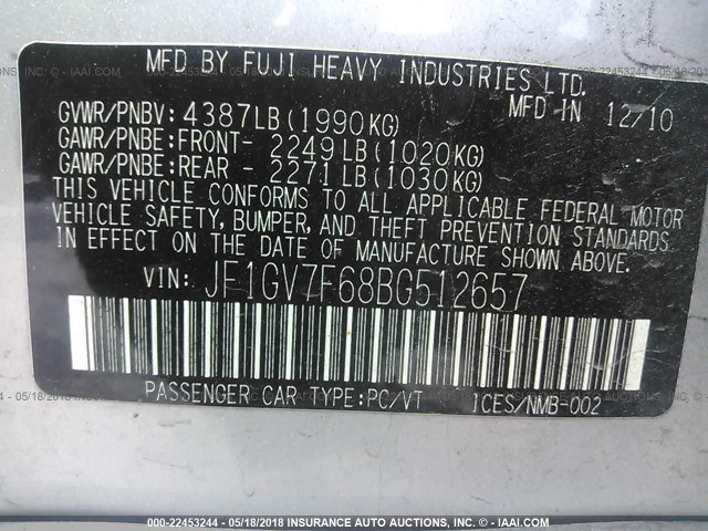 JF1GV7F68BG512657 - 2011 SUBARU IMPREZA WRX SILVER photo 9