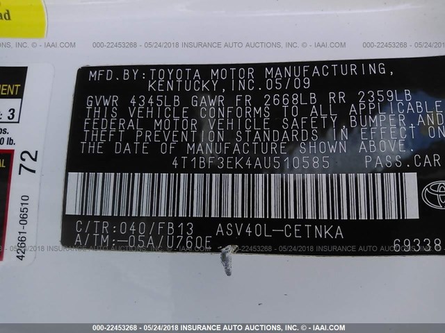 4T1BF3EK4AU510585 - 2010 TOYOTA CAMRY SE/LE/XLE WHITE photo 9