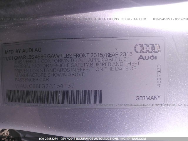 WAULC68E32A154137 - 2002 AUDI A4 1.8T QUATTRO SILVER photo 9