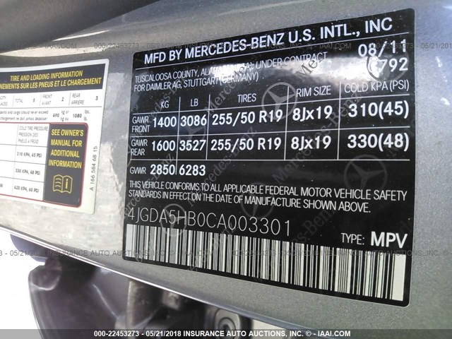 4JGDA5HB0CA003301 - 2012 MERCEDES-BENZ ML 350 4MATIC SILVER photo 9